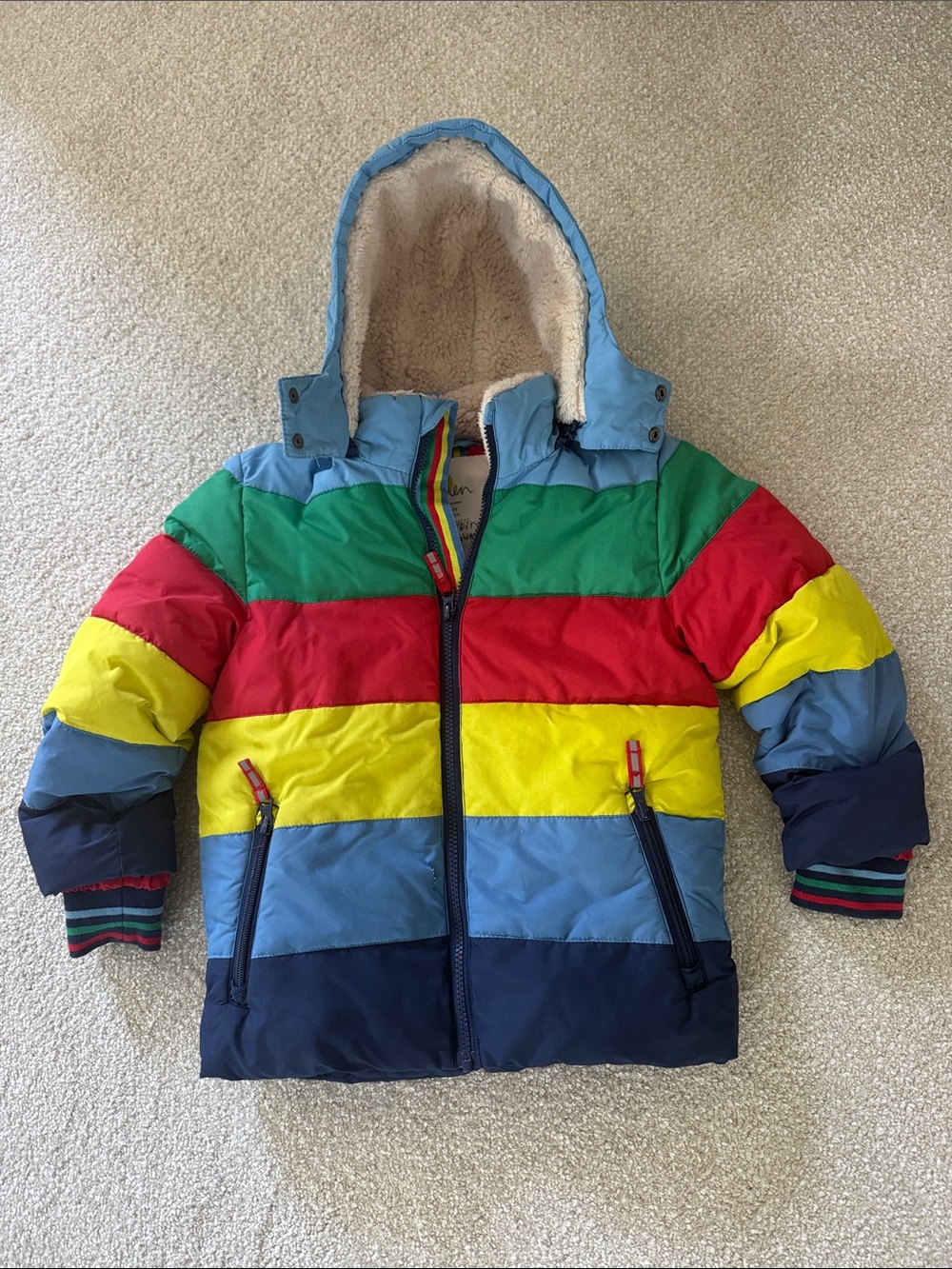 Boden 6-7 Colorblock Puffer Hooded Jacket - Multi-Color Stripes Winter Coat